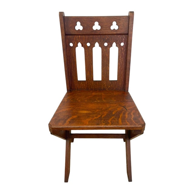 Brown Antique Gothic Revival Oak X-Frame Accent Chair. For Sale - Image 8 of 10