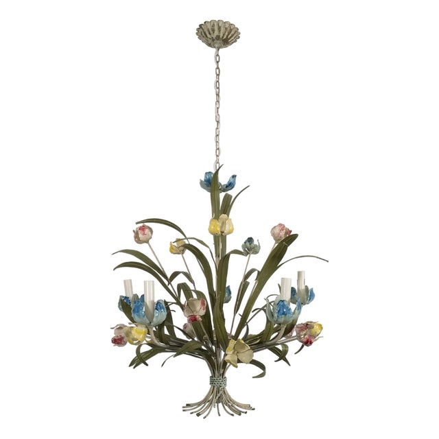 Painted tole floral motif chandelier For Sale