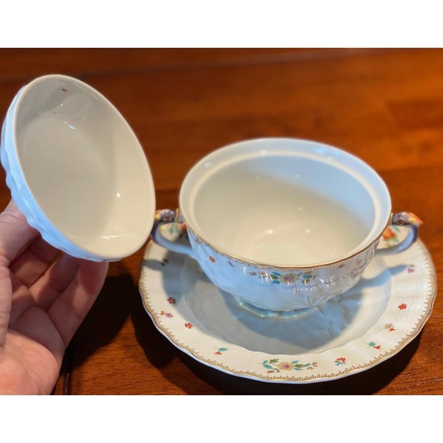 1980s Meissen Swan Service With Indian Flowers With High Karat Gold 3 Piece Covered Soup Set For Sale - Image 5 of 10