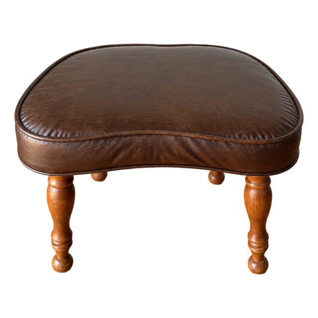 Vintage Mid Century Modern Kidney Shaped Leather Footstool For Sale