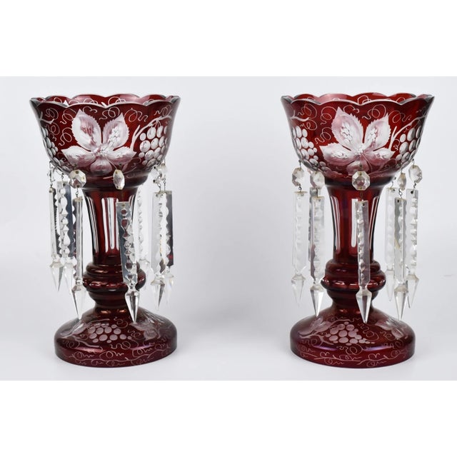 Victorian Antique Pair Ruby Glass Mantle Lusters With Engraved Grapes For Sale - Image 3 of 10