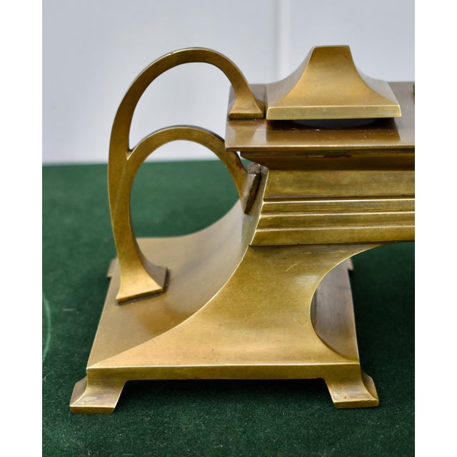 Antique Art Nouveau Bronze Dbl. Inkwell and Porcelain Inserts For Sale - Image 10 of 16