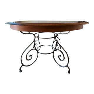 1990s Ethan Allen French Country Round Dining Table with Forged Iron Base and Extension For Sale