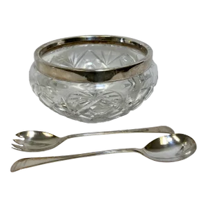 Vintage Cut Glass Salad Bowl With Silver Plate Rim and Silver Plate Salad Servers From England