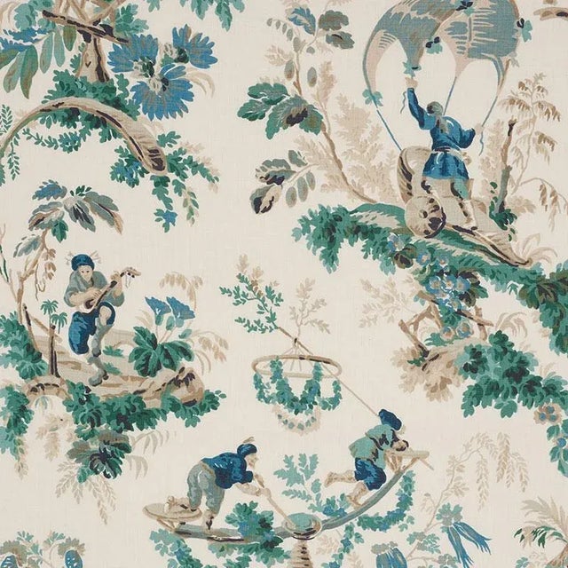 Sample- Schumacher Plaisirs De La Chine Fabric in Emerald & Peacock For Sale