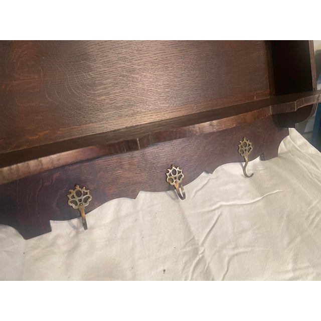 Wooden Hanging Wall Shelf With 3 Brass Hooks For Sale - Image 4 of 5