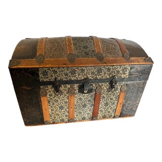 Victorian Pressed Metal & Wood Slats Dome Trunk With a Removable Tray For Sale