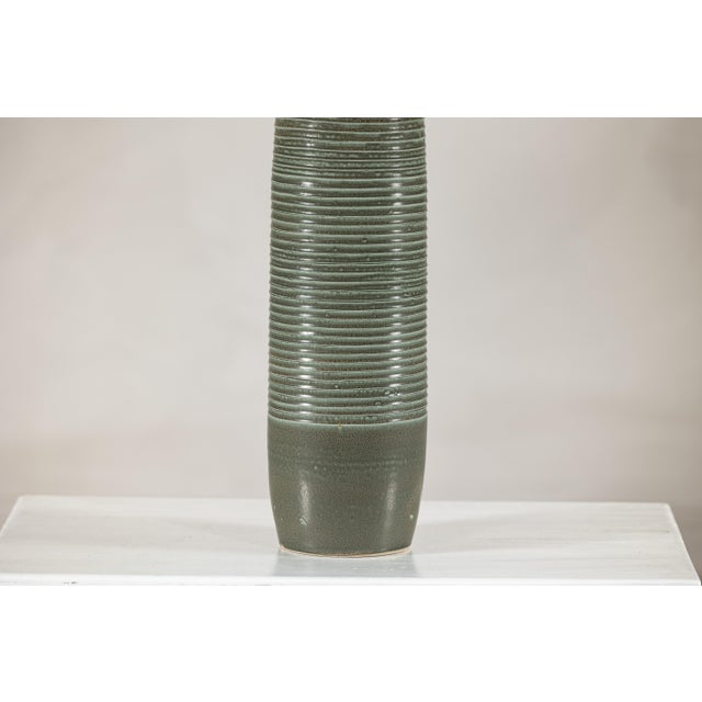 Tall Artisan Ceramic Hand-Crafted Vase with Ribbed Body and Green Glaze For Sale - Image 14 of 16