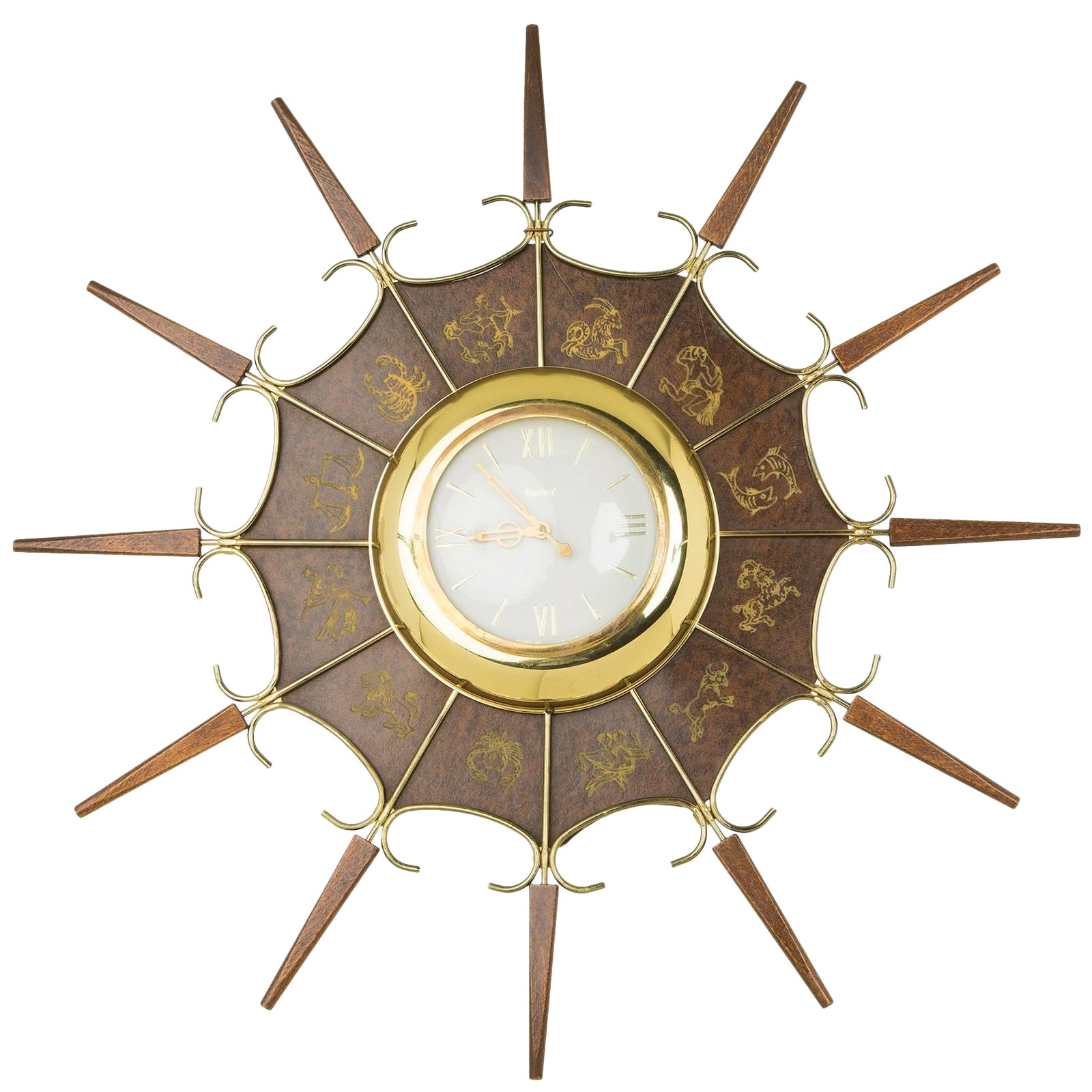 United Embossed Zodiac Sunburst Clock, Circa 1950 Chairish