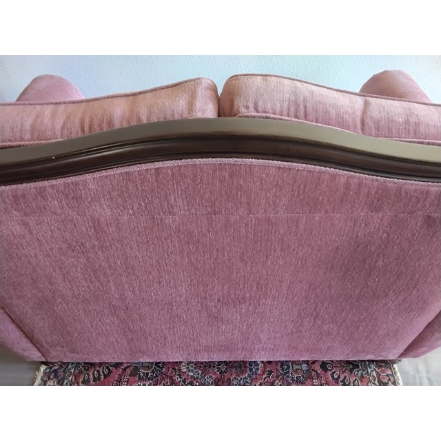 Vintage Hollywood Regency Style Carved Wood Pink Upholstered Loveseat For Sale - Image 11 of 15