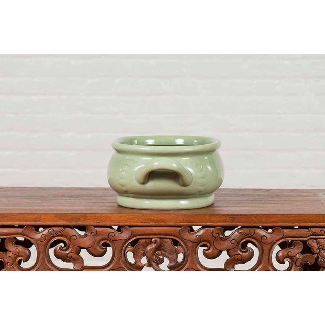 Chinese Vintage Celadon Foot Bath with Two Handles and Foliage Motifs For Sale - Image 13 of 13