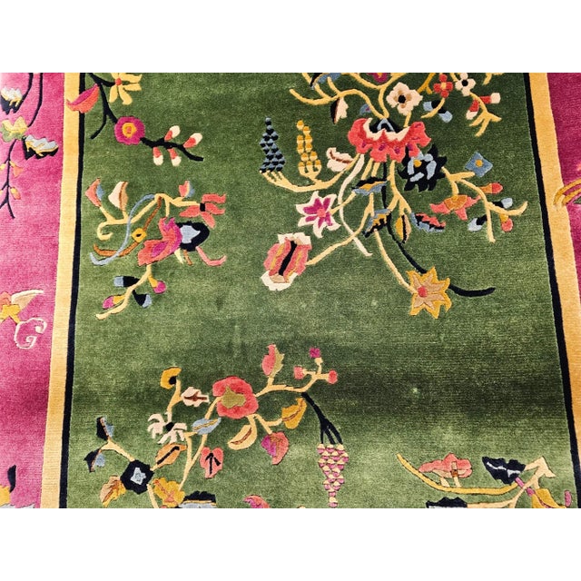 Green Vintage Chinese Art Deco Area Rug, Floral Design, Sage Green & Purple For Sale - Image 8 of 12