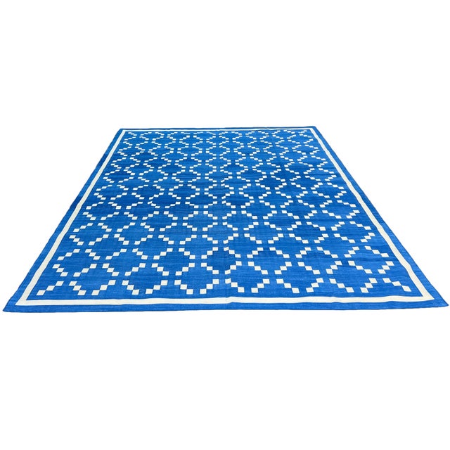 Handmade Cotton Rug, Contemporary Denim Blue and Cream Diamond Pattern Dhurrie - 6'x9' For Sale - Image 9 of 12