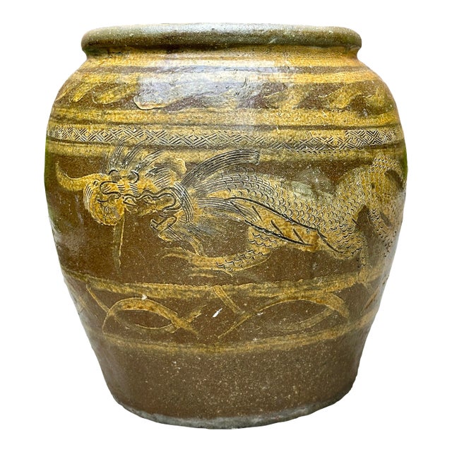 19th Century Antique Asian Earthenware Martaban Dragon Jar Pot For Sale