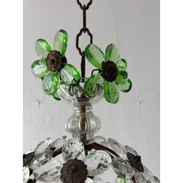 French Green Flower Ball Crystal Prisms Maison Baguès Style Chandelier, 1920s For Sale - Image 4 of 9