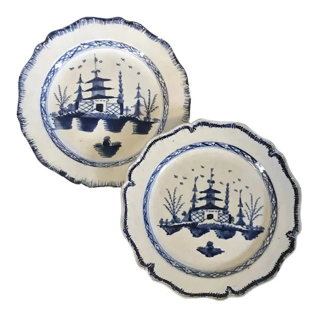 Antique 18th Century English Pearlware Plates Decorated with Blue & White Landscape within a Border - A Pair For Sale