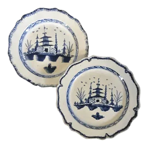 Antique 18th Century English Pearlware Plates Decorated with Blue & White Landscape within a Border - A Pair