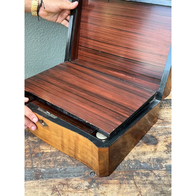 Late 19th Century Vintage Wood Inlay Writing Desk With Inkwells For Sale - Image 5 of 14
