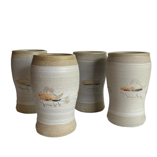 Hand Thrown Japanese Style Studio Pottery Drinkware With Fish Design - Set of 4 For Sale In Chicago - Image 6 of 13
