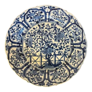 Antique 18th Century Chinese Kangxi Blue and White Porcelain Plate Decorated With Flowering Prunus Tree and Garden Fence
