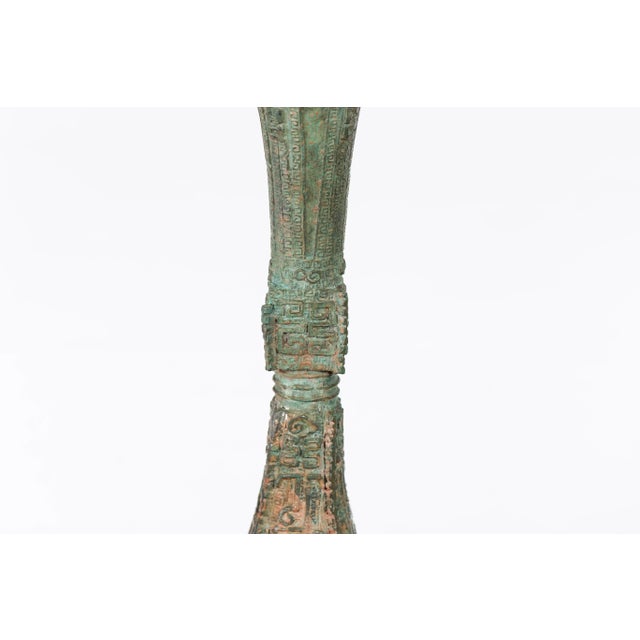 Vintage Lost Wax Cast Bronze Flute Shaped Ceremonial Vessel with Verde Patina For Sale In New York - Image 6 of 12