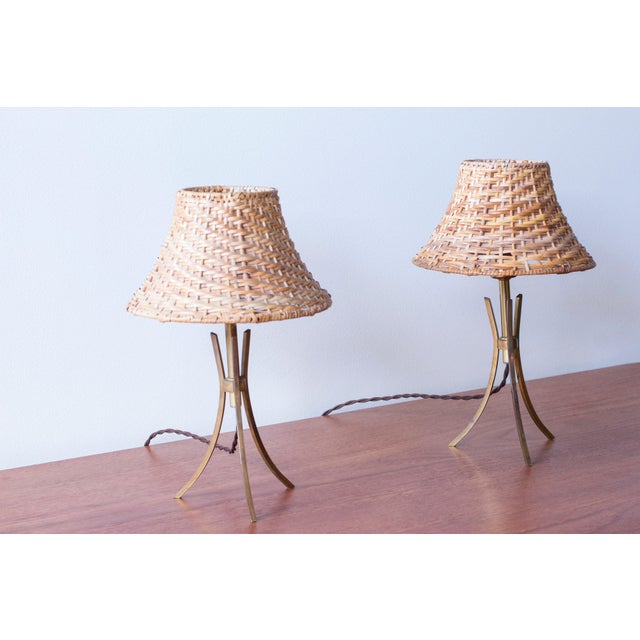 Swedish Modern Table Lamps with Rattan Shades, Set of 2 For Sale - Image 3 of 16
