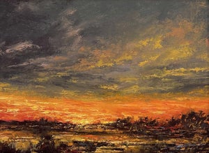 Marsh Lands by Sparky LeBold | Oil on Panel Landscape of marshlands at sunset