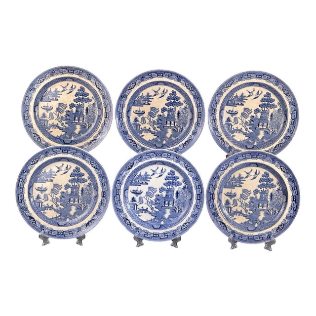 Blue Willow Transferware Plates from Wedgwood, England, Set of 6 For Sale