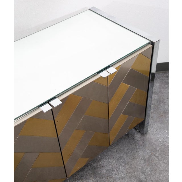 1970s Mid Century Modern Credenza Sideboard Ello Brass Brushed Steel Herribone Drawers For Sale - Image 5 of 12