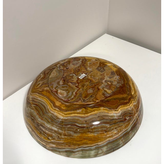 Mid-Century Modern Vintage Afghanistan Banded Calcite Bowl 14” Green & White Onyx Stone Collection MCM For Sale - Image 3 of 8