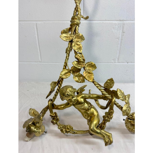1940s Antique Ornate Gilt Bronze Cherub Angel Putti Hanging Chandelier Fixture For Sale - Image 5 of 16