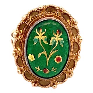 Vintage 14k Yellow Gold Floral Enamel Ring, Size 6.25 For Sale