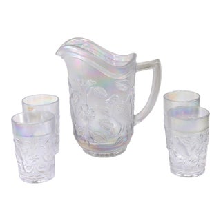 Vintage Imperial Carnival Glass Iridescent Frosty White Robins & Flowers Pitcher and 4 Glasses For Sale
