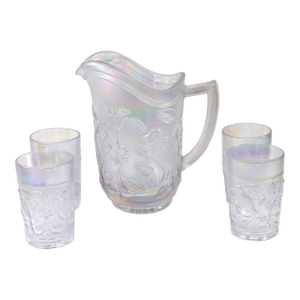 Vintage Imperial Carnival Glass Iridescent Frosty White Robins & Flowers Pitcher and 4 Glasses