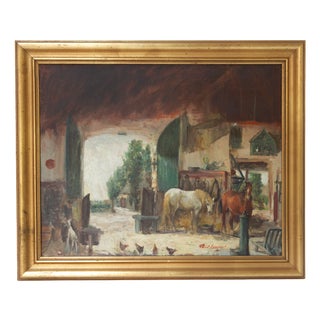 Th. De Leeuw, Stable with Horses, 1920s, Oil Painting on Canvas, Framed For Sale