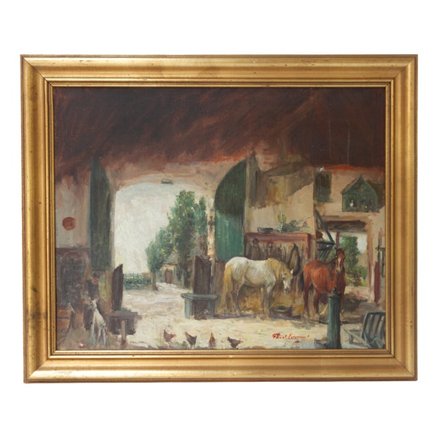 Th. De Leeuw, Stable with Horses, 1920s, Oil Painting on Canvas, Framed For Sale