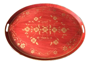 Red Painted Strié Finish Tole Coffee Table Tray, Gold Accents
