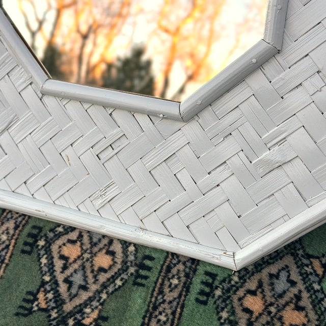 Late 20th Century Vintage Petite White Painted Bamboo & Woven Rattan Wall Mirror For Sale - Image 5 of 8