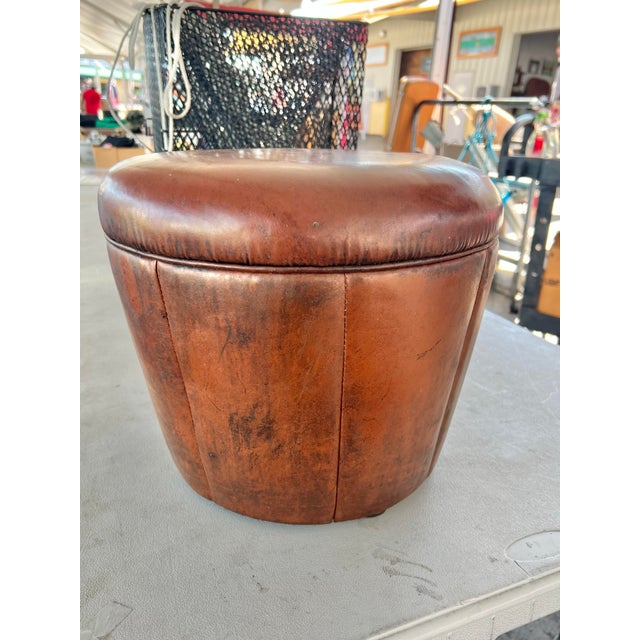 Mid-Century Modern Mid 20th Century Brown Leather Drum Shape Low Stool or Foot Rest For Sale - Image 3 of 6