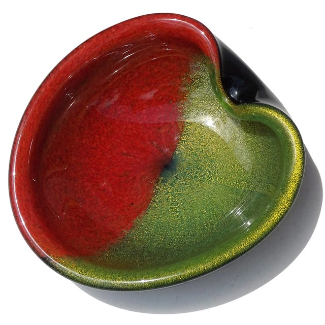 Mid 20th Century Vintage Murano Half Red Green Gold Flecks on Black Italian Art Glass Heart Shape Decorative Bowl For Sale - Image 5 of 10