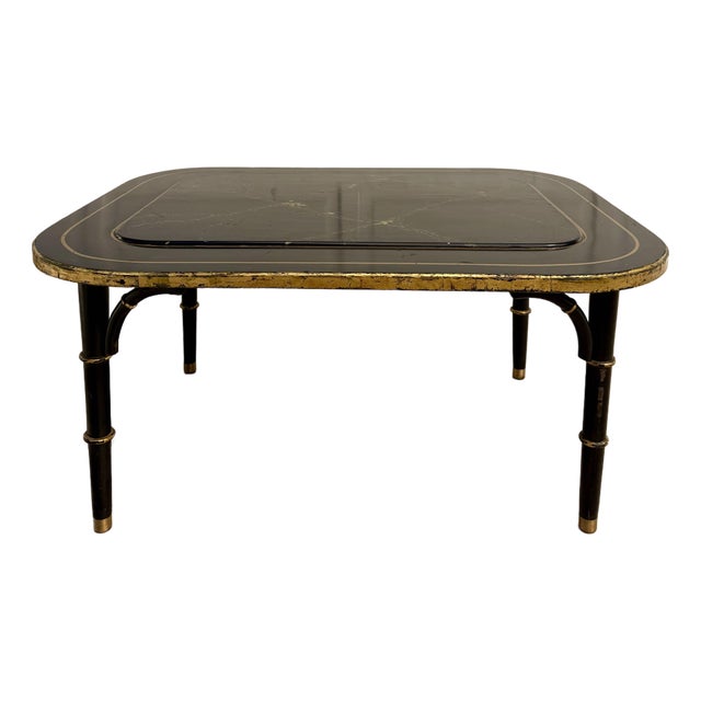 Chinoiserie English Faux Bamboo Black Lacquer & Gilt Coffee Table, Signed Zoltowski For Sale