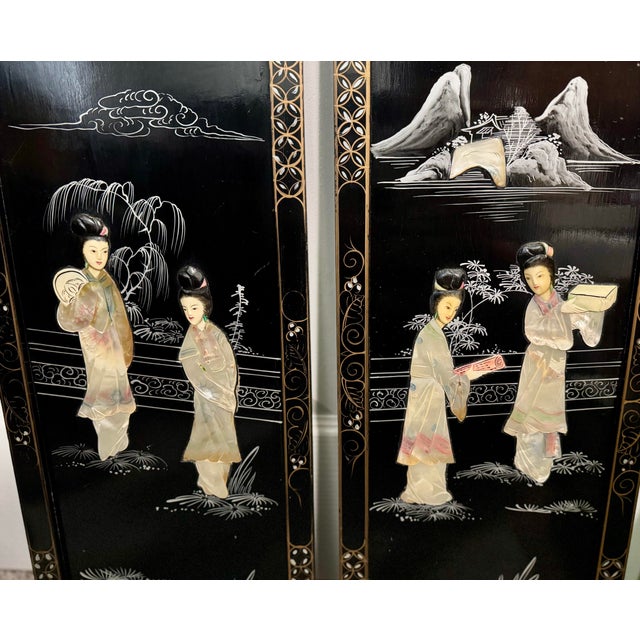 Vintage Mid-Century Chinoiserie Black Lacquer & Mother-of-Pearl Geisha Wall Panels - A Pair For Sale - Image 4 of 12