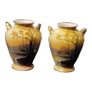 Antique Noritake Hand-Painted 6.5" Mantel Vases - Pair | "Tree in the Meadow" With Gilded C-Scroll Handles, C. 1920s For Sale