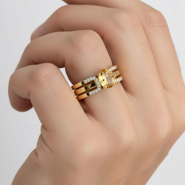 Metal Split Shank Oval Citrine Engagement Silver, Gold Ring, Size 9.5 For Sale - Image 7 of 7