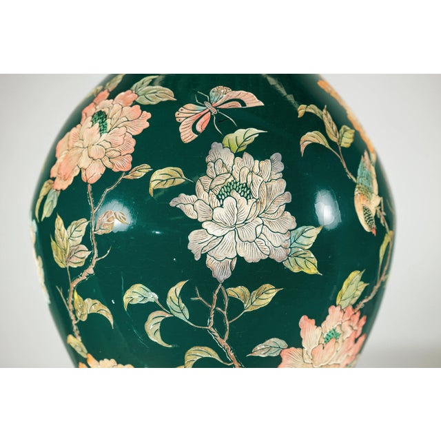 Art Deco Green Ceramic Vase with Birds, Butterflies, and Floral Decoration For Sale - Image 3 of 12