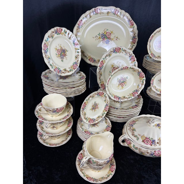Shabby Chic Rare 56-Piece 1930s J & G Meakin "Pilgrim Sunshine" English Ironstone Dinnerware Service With Hostess Spares - Complete Set for 8 For Sale - Image 3 of 15