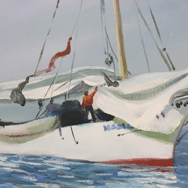 Late 20th Century Oil on Canvas, Sea, Wind, Returning Sailboat For Sale - Image 5 of 8
