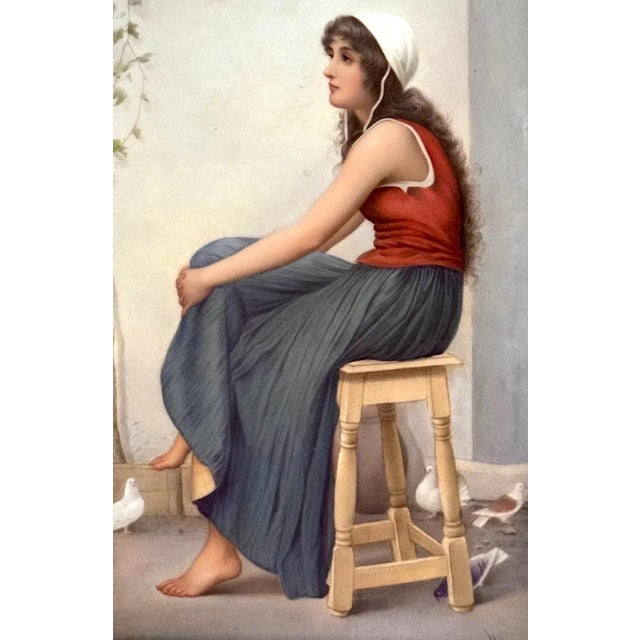 Realism Antique KPM Painted Porcelain Wall Plaque "The Girl With Doves" Signed Wagner, 19th. Century. Exquisite Frame For Sale - Image 3 of 12