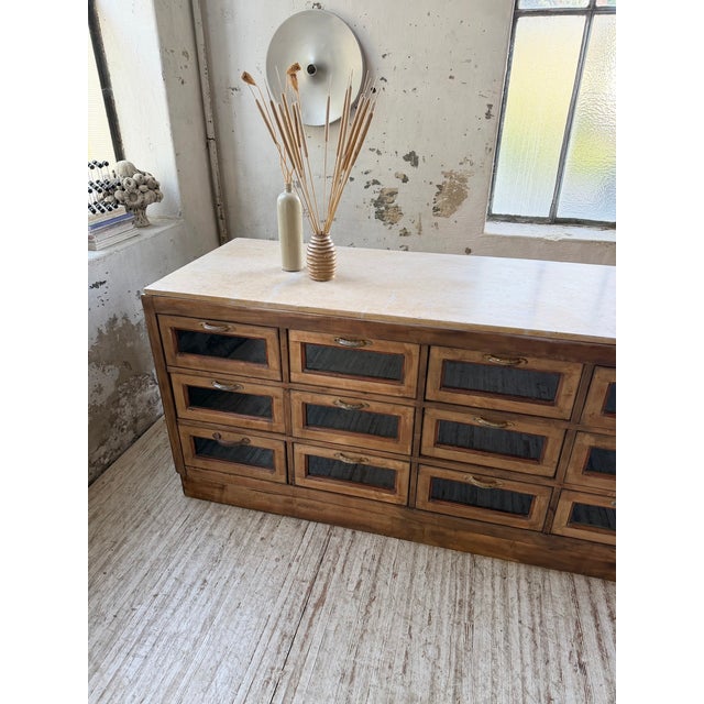 1950s Antique Double-Sided Shop Counter with Marble Top, 1900s For Sale - Image 5 of 18