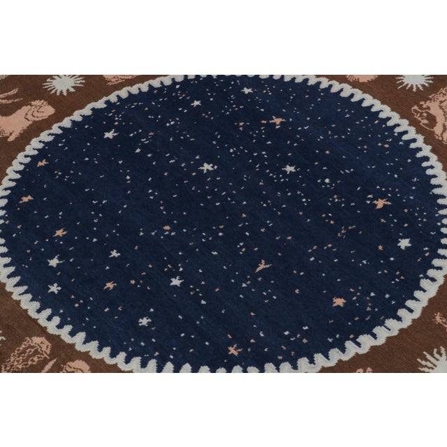 Art Deco Rug & Kilim’s French Deco style Circle rug in Blue, Beige-Brown Zodiac Pictorial - 8x8 For Sale - Image 3 of 5